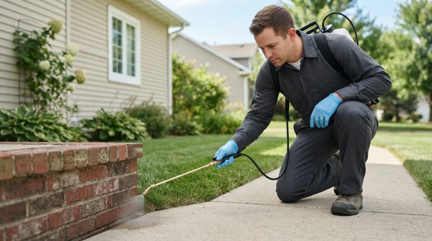 Pest control technician treating a home near Rowland, NC