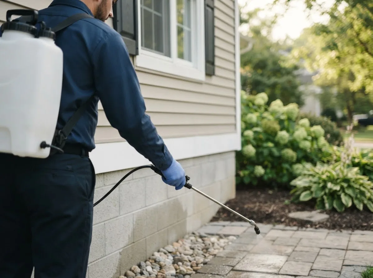 Pest control technician inspecting a home in Rowland, NC